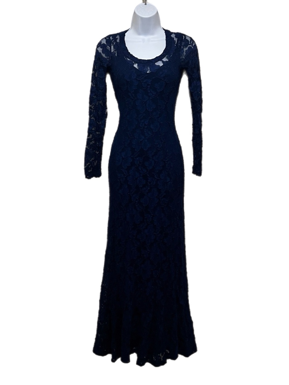 Vintage 90s Betsey Johnson Luxe Blue Sheer Lace Long Sleeve Mermaid Maxi Dress